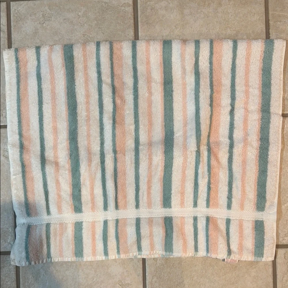 Caress Striped Vintage Towel in White, Peach, and Teal Cotton